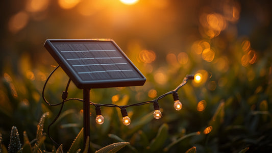 Panel słoneczny girlandy solarnej LED w ogrodzie o zachodzie słońca