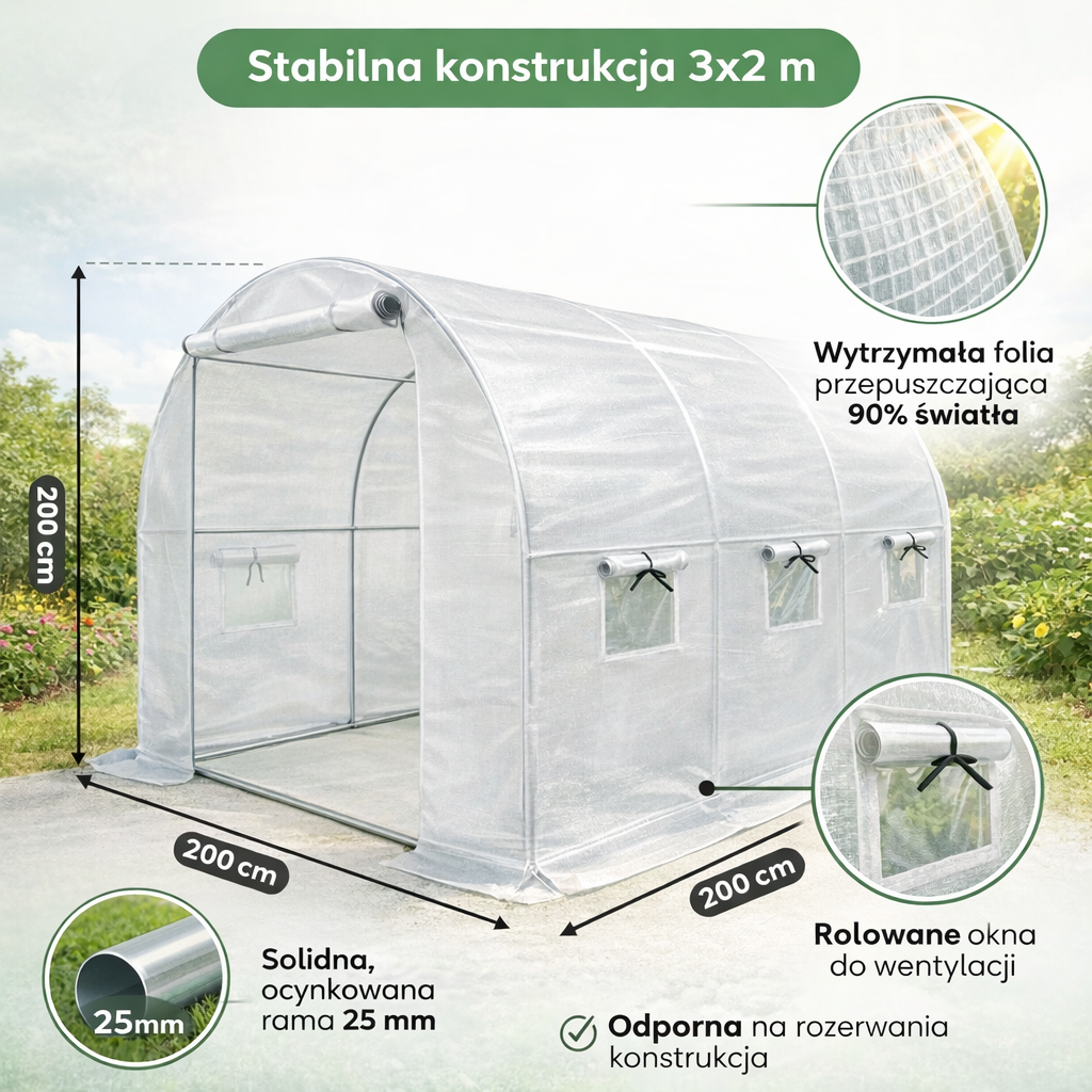 Tunel Foliowy 3x2 BIAŁY 25mm OCYNKOWANY 6m2 2 wejścia