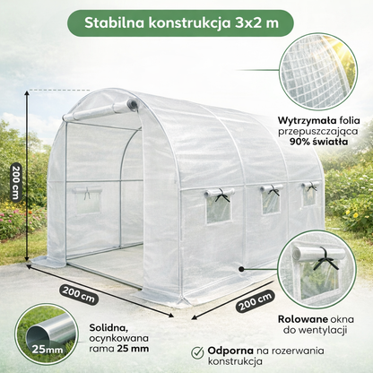 Tunel Foliowy 3x2 BIAŁY 25mm OCYNKOWANY 6m2 2 wejścia